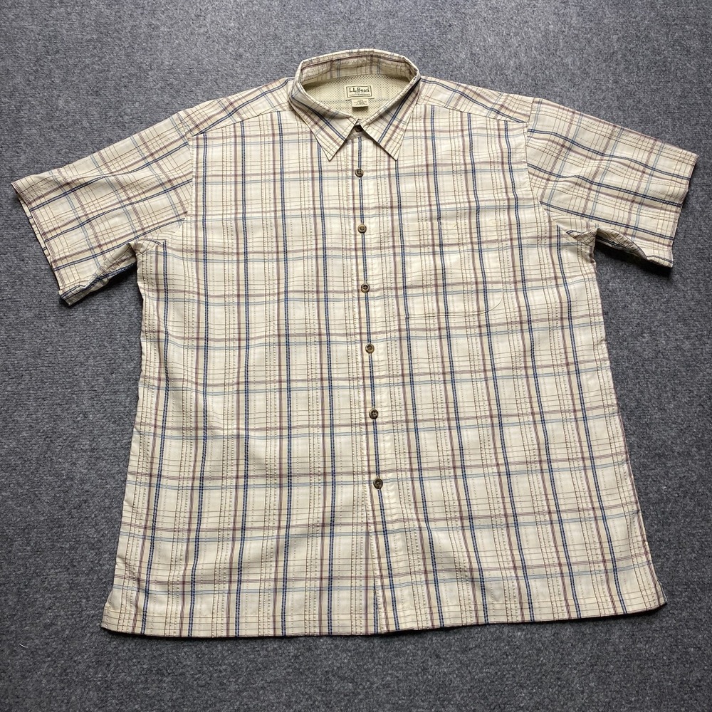 L.L. Bean Shirt Men Large Tan Plaid Short Sleeve Outdoor Vented Fishing Hiking